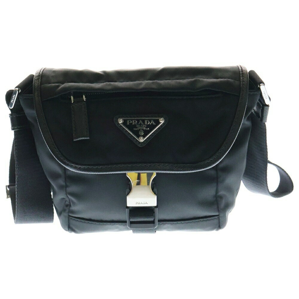 PRADA Saffiano Shoulder Bag Logo Triangle Plate Black Leather